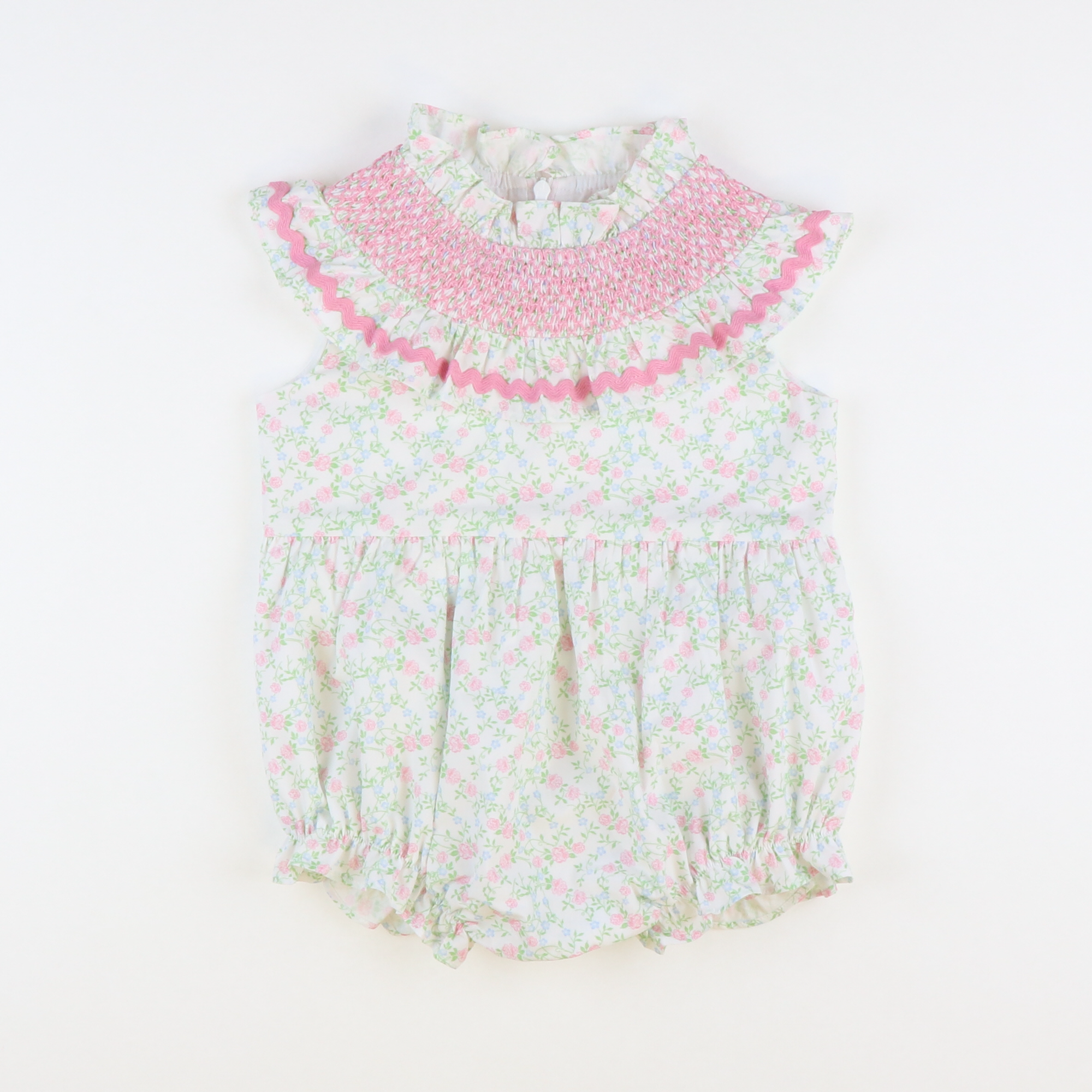 Smocked Ruffle Neck Girl Bubble - Pink & Blue Floral