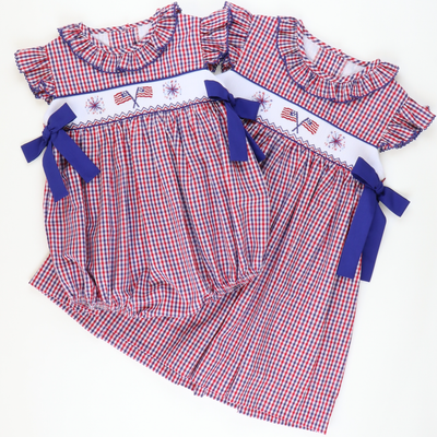 Smocked Flags & Fireworks Ruffle Neck Girl Bubble - Red & Blue Gingham