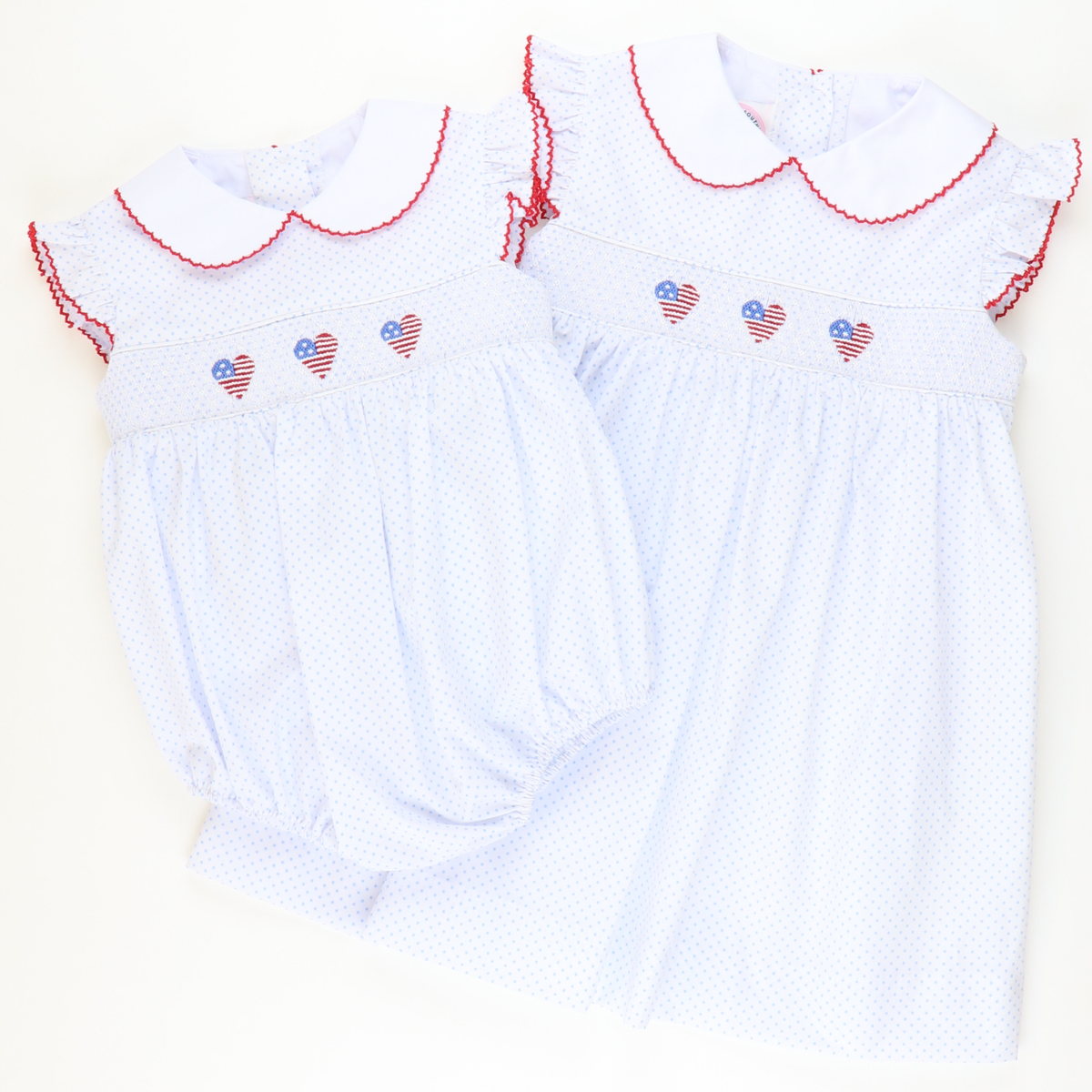 Smocked Patriotic Hearts Collared Girl Bubble - Light Blue Dot
