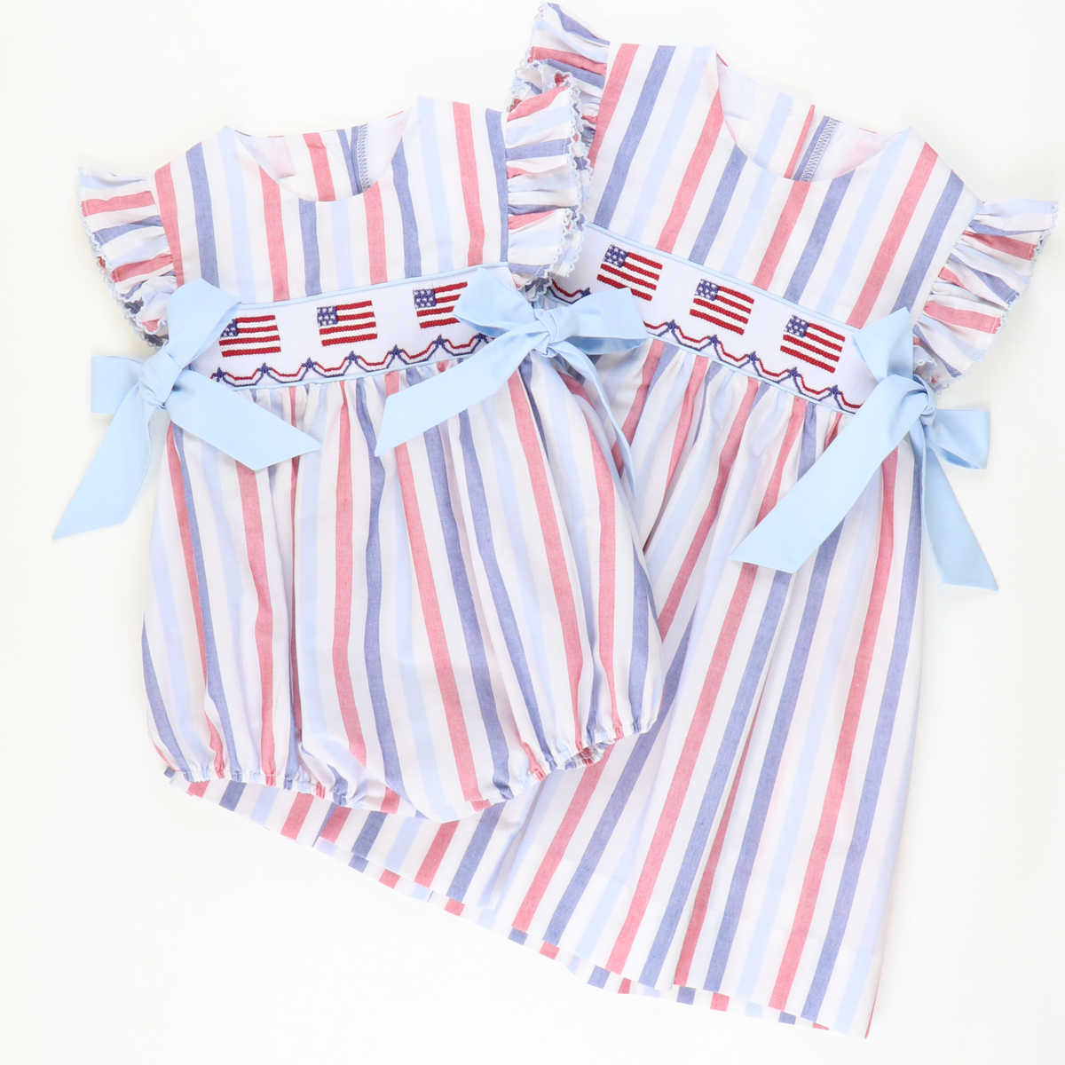 Smocked Flags Bow Girl Bubble - Patriotic Wide Stripe
