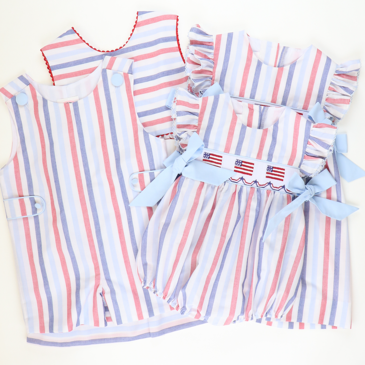 Smocked Flags Bow Girl Bubble - Patriotic Wide Stripe
