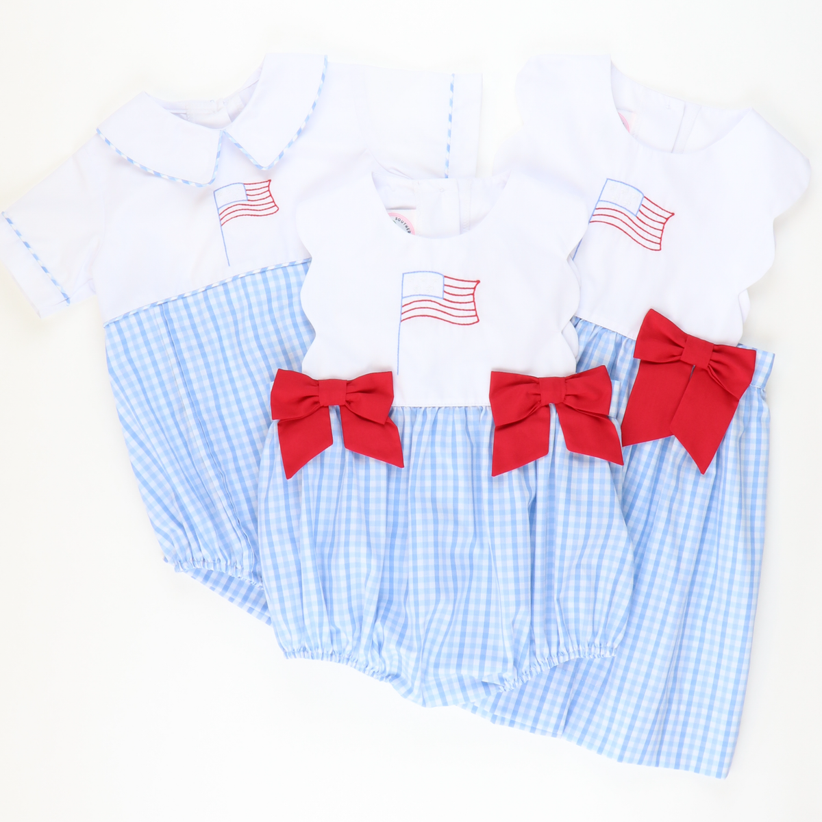 Embroidered Flag Scalloped Girl Bubble - Blue Plaid
