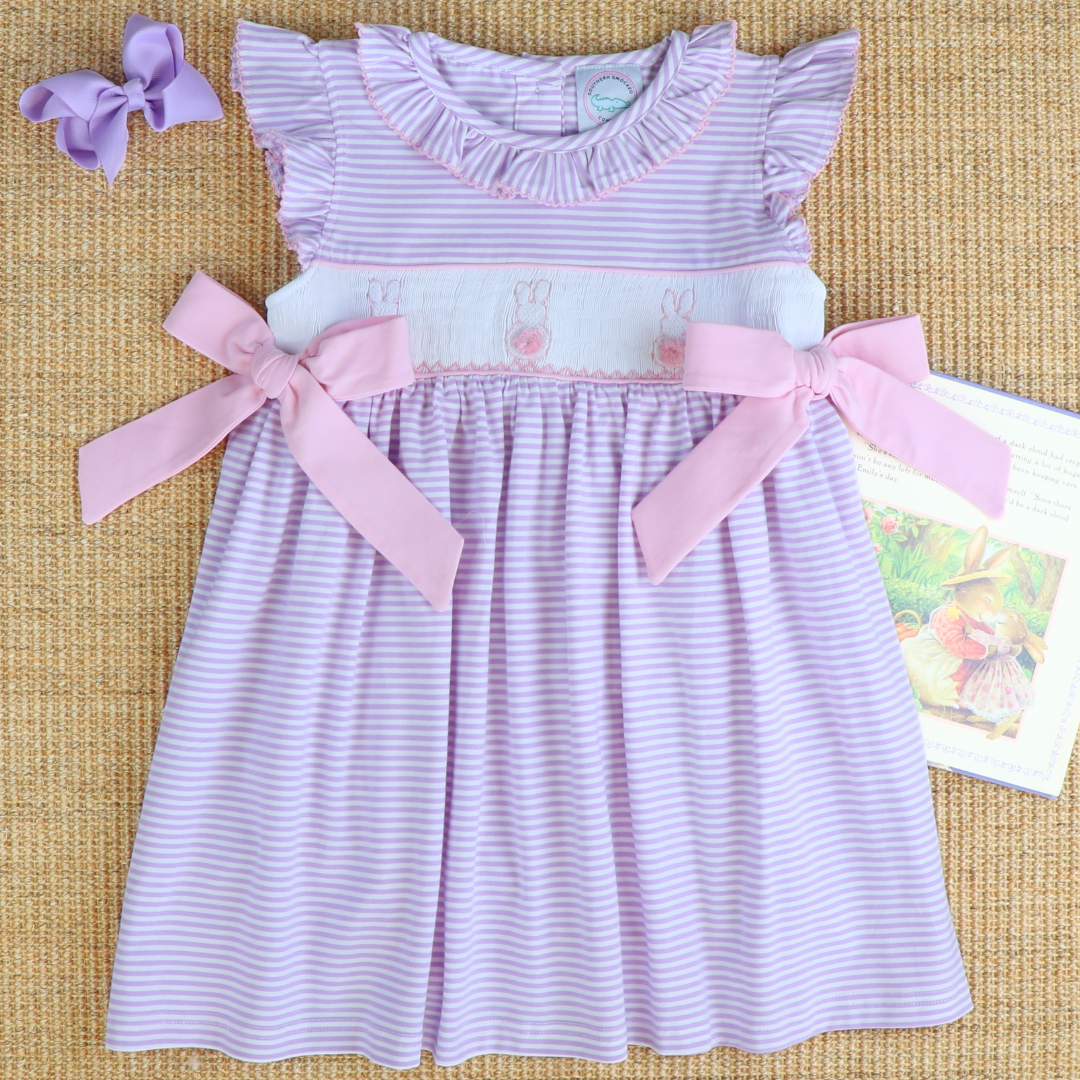 Smocked Cottontail Bunnies Dress - Lavender Stripe Knit