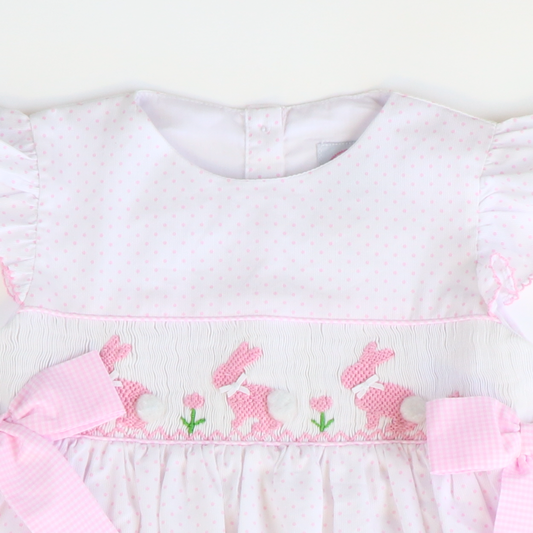 Smocked Silhouette Light Pink Bunnies Dress - Pink Tiny Dots