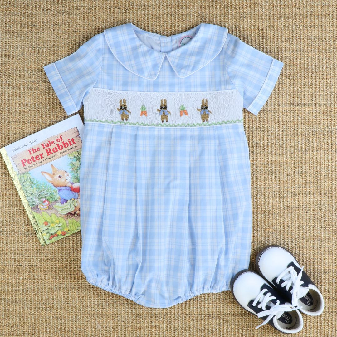 Smocked Classic Storybook Rabbits Boy Collared Bubble - Light Blue Plaid