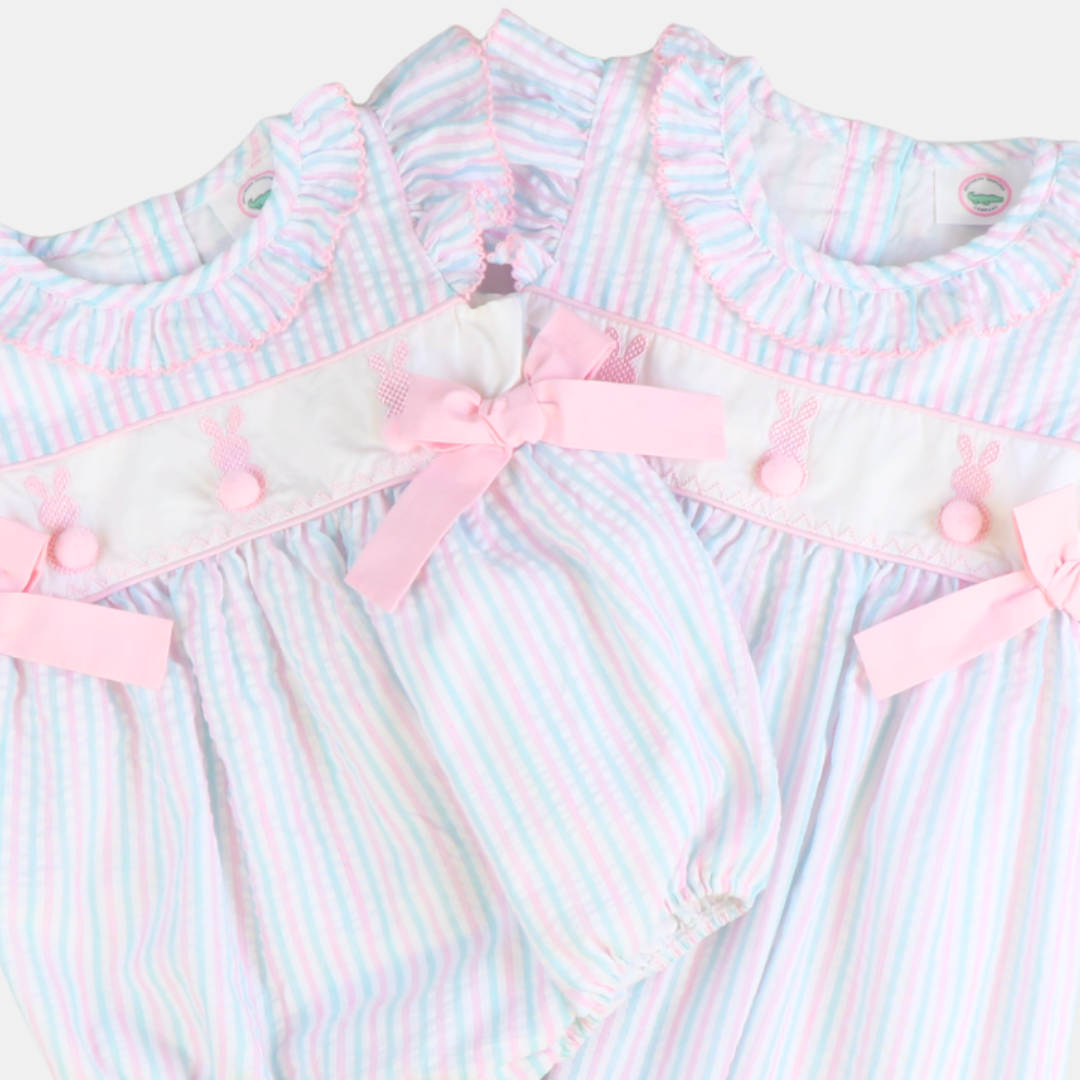 Embroidered Cottontail Bunnies Girl Bubble - Pink & Aqua Stripe Seersucker