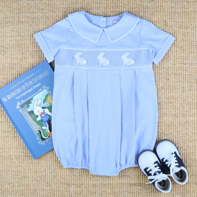 Smocked Silhouette White Bunnies Collared Boy Bubble - Blue