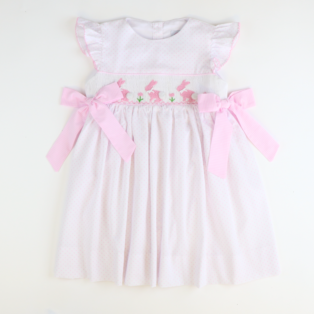 Smocked Silhouette Light Pink Bunnies Dress - Pink Tiny Dots