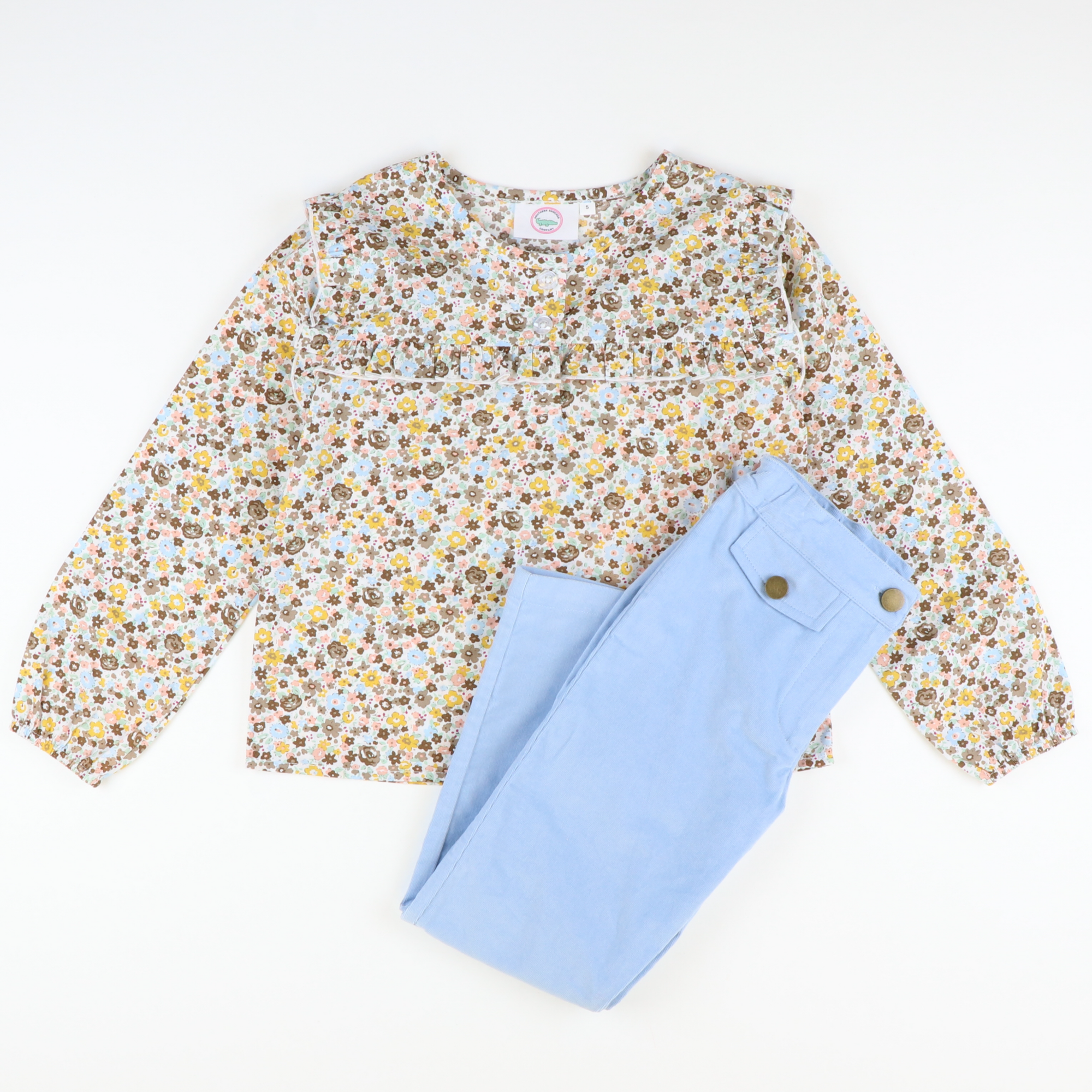 Floral & Light Blue Corduroy Blouse & Pants Set