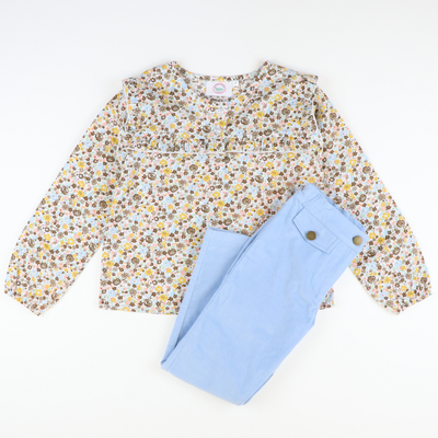 Floral & Light Blue Corduroy Blouse & Pants Set