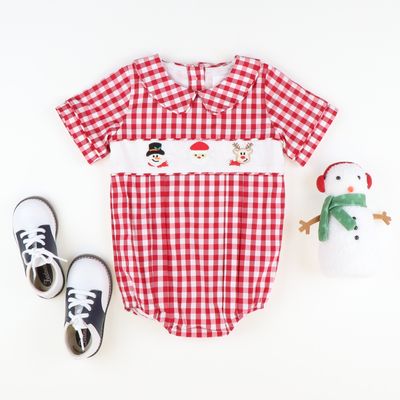 Embroidered Christmas Friends Collared Boy Bubble- Holiday Red Check