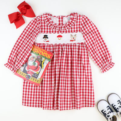 Embroidered Christmas Friends Dress- Holiday Red Check