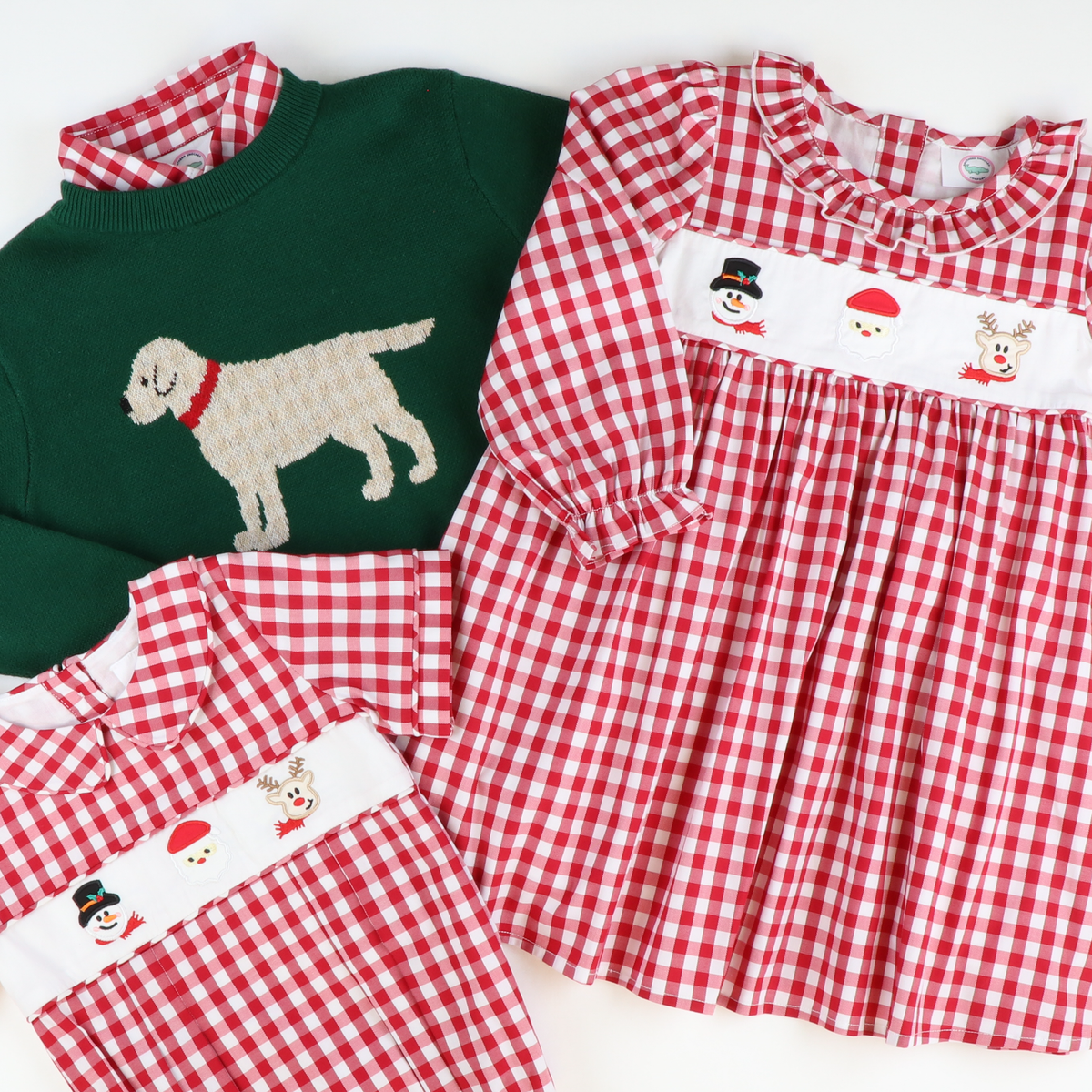 Embroidered Christmas Friends Collared Boy Bubble- Holiday Red Check
