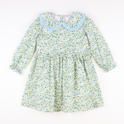 Ruffle Collar Dress - Sage Floral & Light Blue