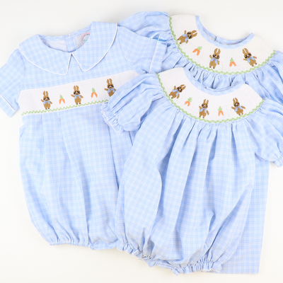 Smocked Storybook Rabbits Girl Bubble - Light Blue Plaid