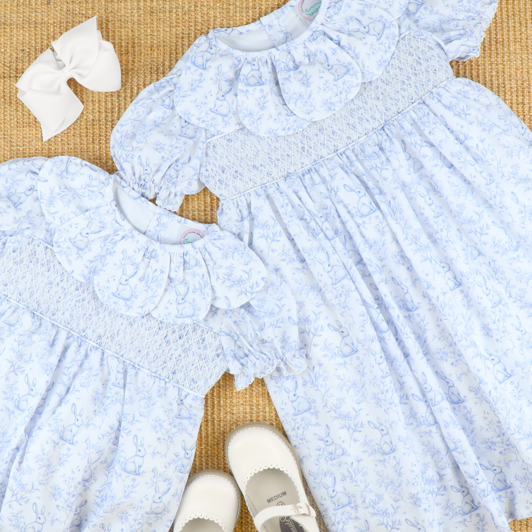 Petal Collar Smocked Dress- Blue Bunny Toile Petal Collar Smocked Dress- Blue Bunny Toile