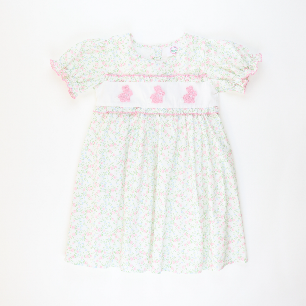 Embroidered Bunnies Dress - Pink & Blue Floral