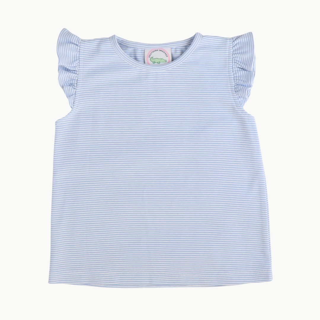Out & About Flutter Top - Light Blue Micro Stripe Knit