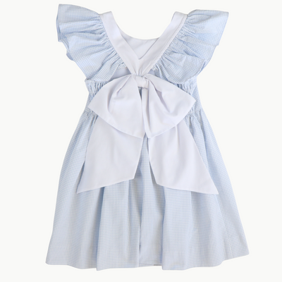 Bow Dress - Light Blue Mini Check Seersucker