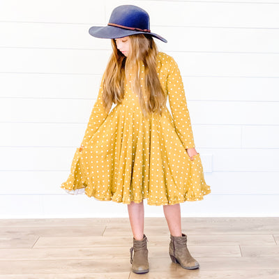 Polka Dot Twirl Knit Dress - Mustard - Stellybelly