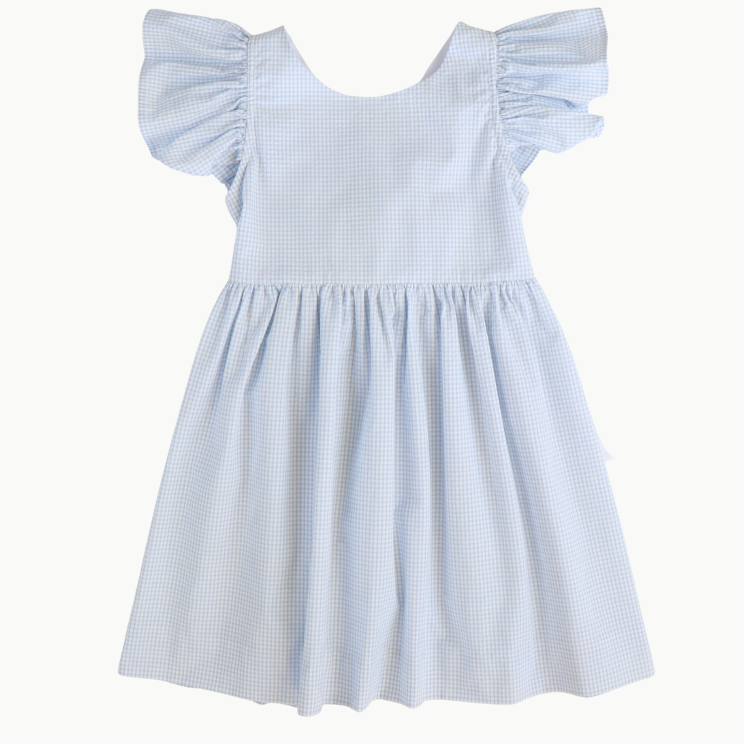 Bow Dress - Light Blue Mini Check Seersucker