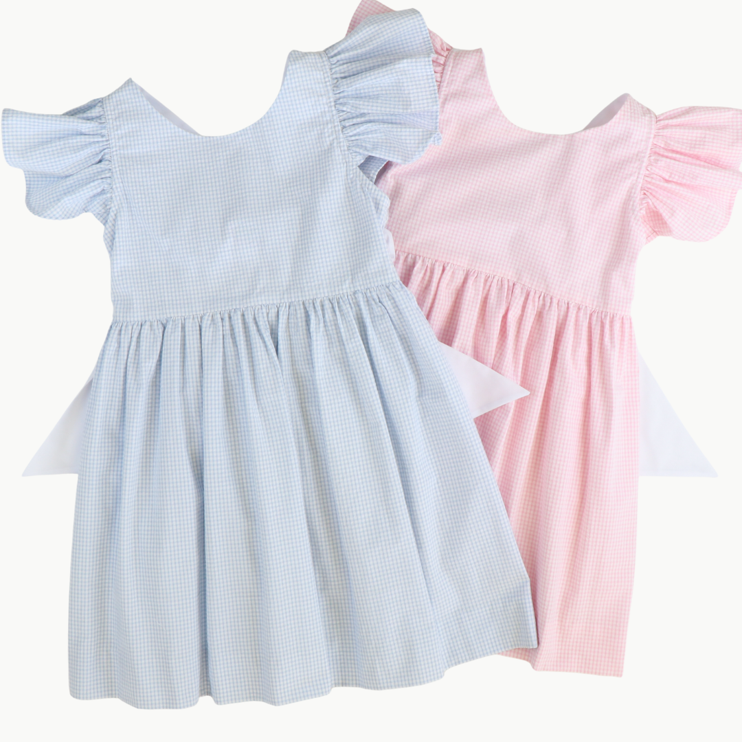 Bow Dress - Light Blue Mini Check Seersucker