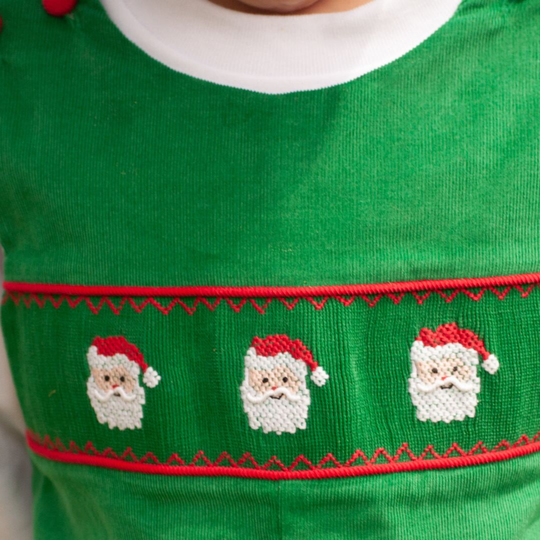Smocked Santa Faces Longall - Christmas Green Corduroy