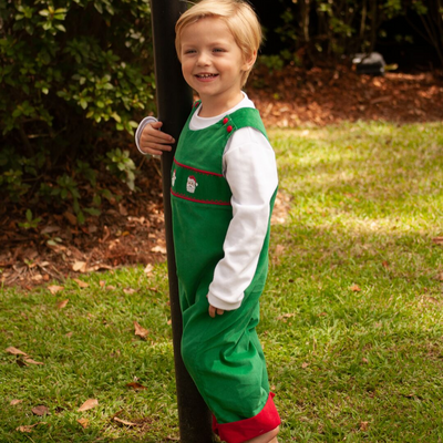 Smocked Santa Faces Longall - Christmas Green Corduroy