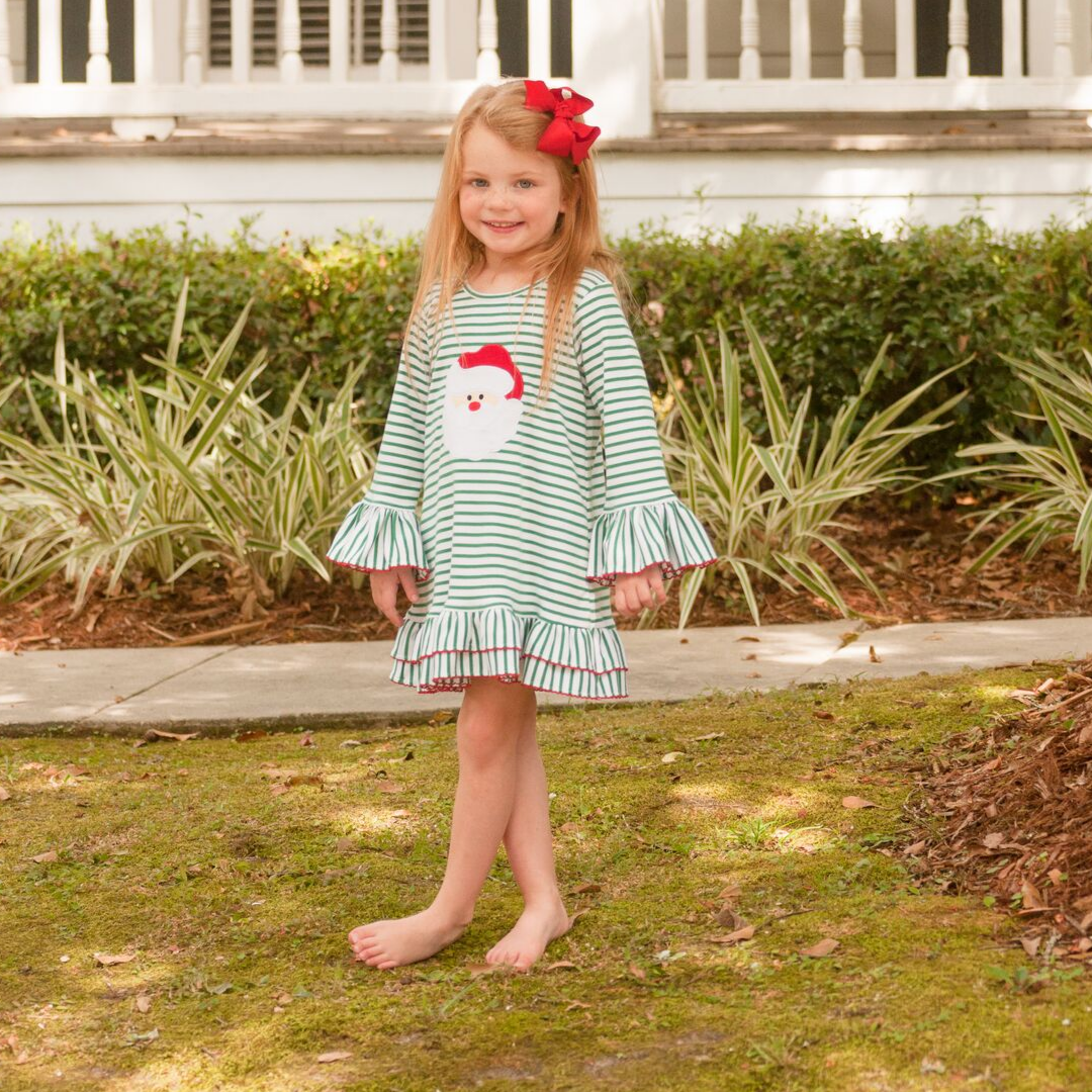 Appliquéd Santa Face Knit Ruffle Dress - Christmas Green Stripe