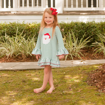 Appliquéd Santa Face Knit Ruffle Dress - Christmas Green Stripe