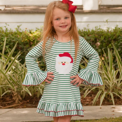 Appliquéd Santa Face Knit Ruffle Dress - Christmas Green Stripe