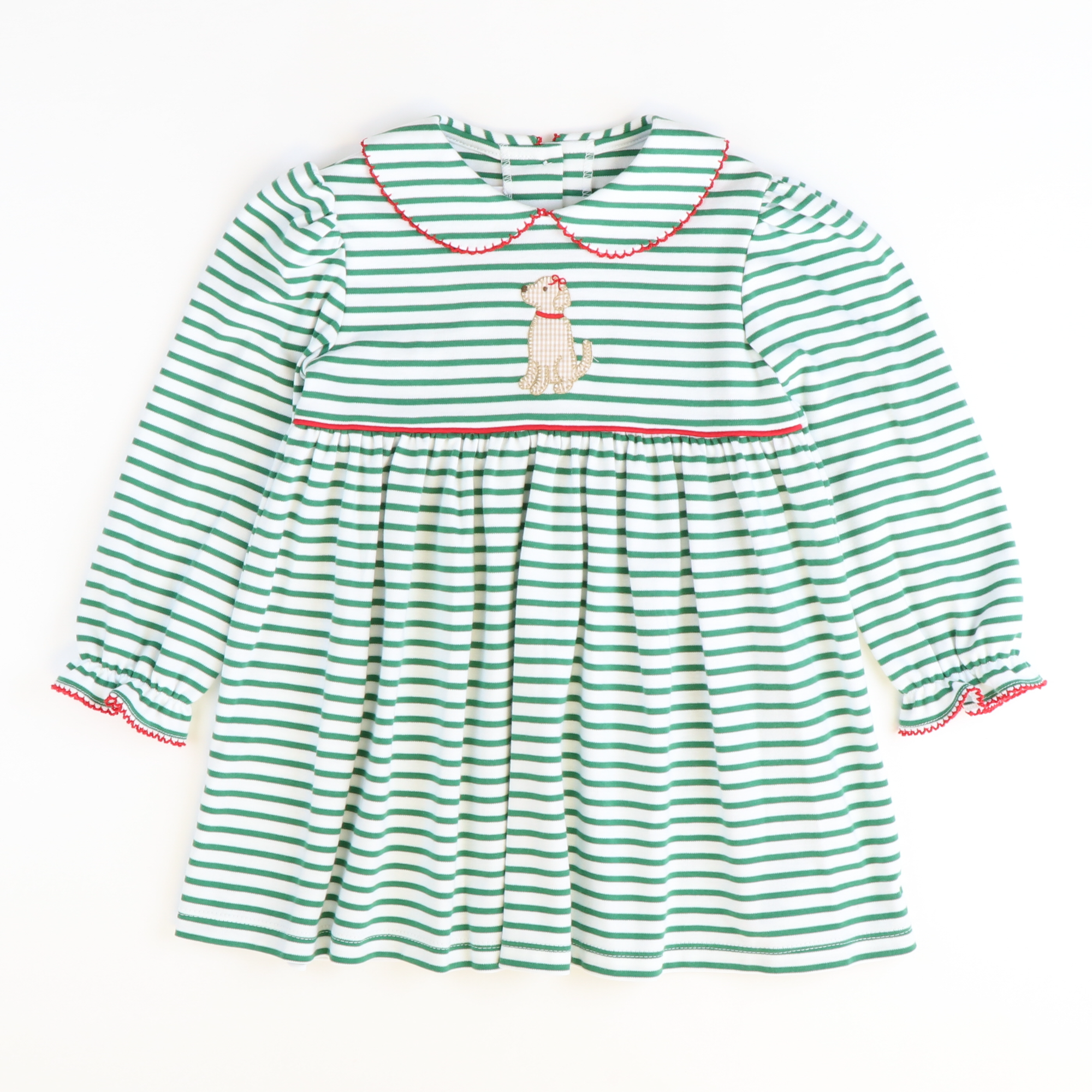 Appliquéd Labrador Dress - Christmas Green Stripe Knit