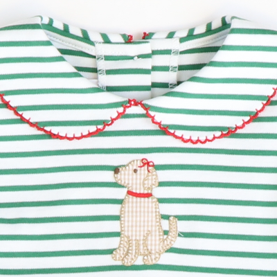 Appliquéd Labrador Collared Girl Long Bubble - Christmas Green Stripe Knit