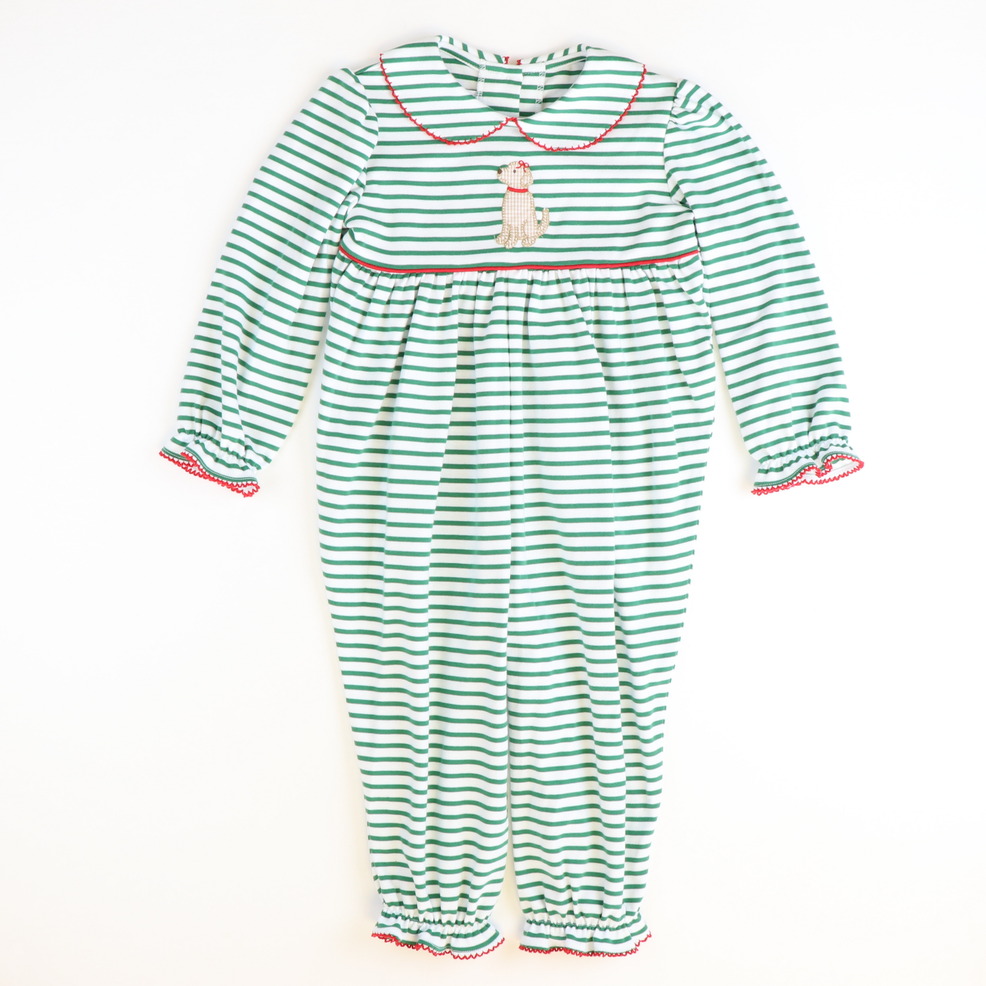 Appliquéd Labrador Collared Girl Long Bubble - Christmas Green Stripe Knit