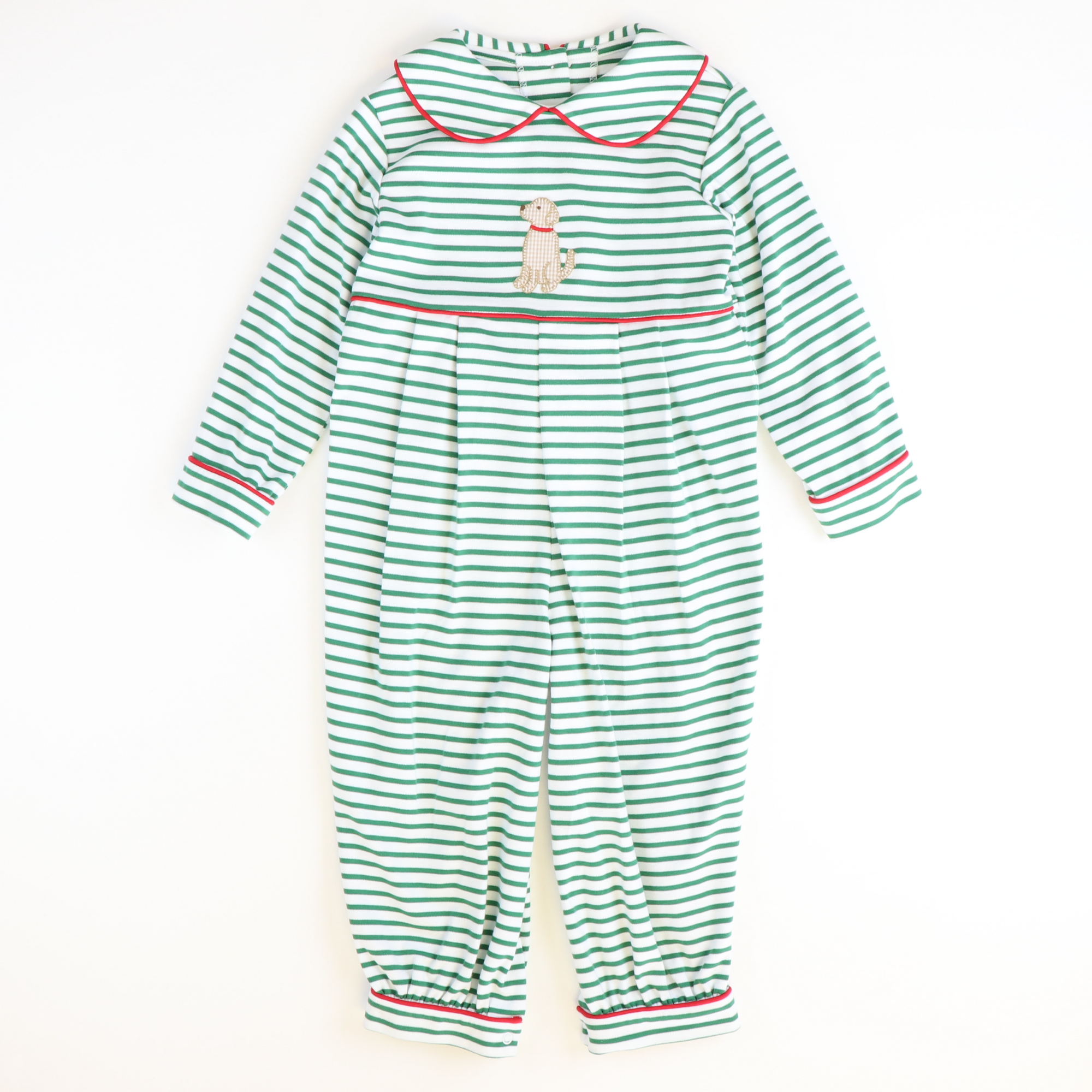 Appliquéd Labrador Collared Boy Long Bubble - Christmas Green Stripe Knit