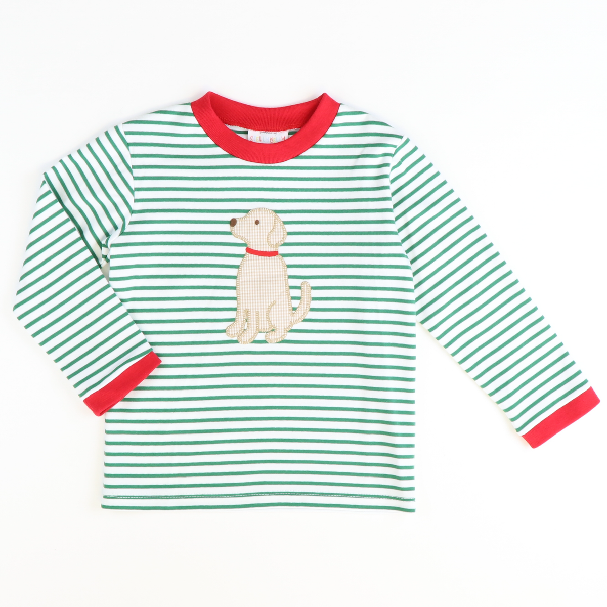Appliquéd Labrador Long Sleeve Shirt - Christmas Green Stripe Knit