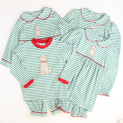 Appliquéd Labrador Collared Girl Long Bubble - Christmas Green Stripe Knit