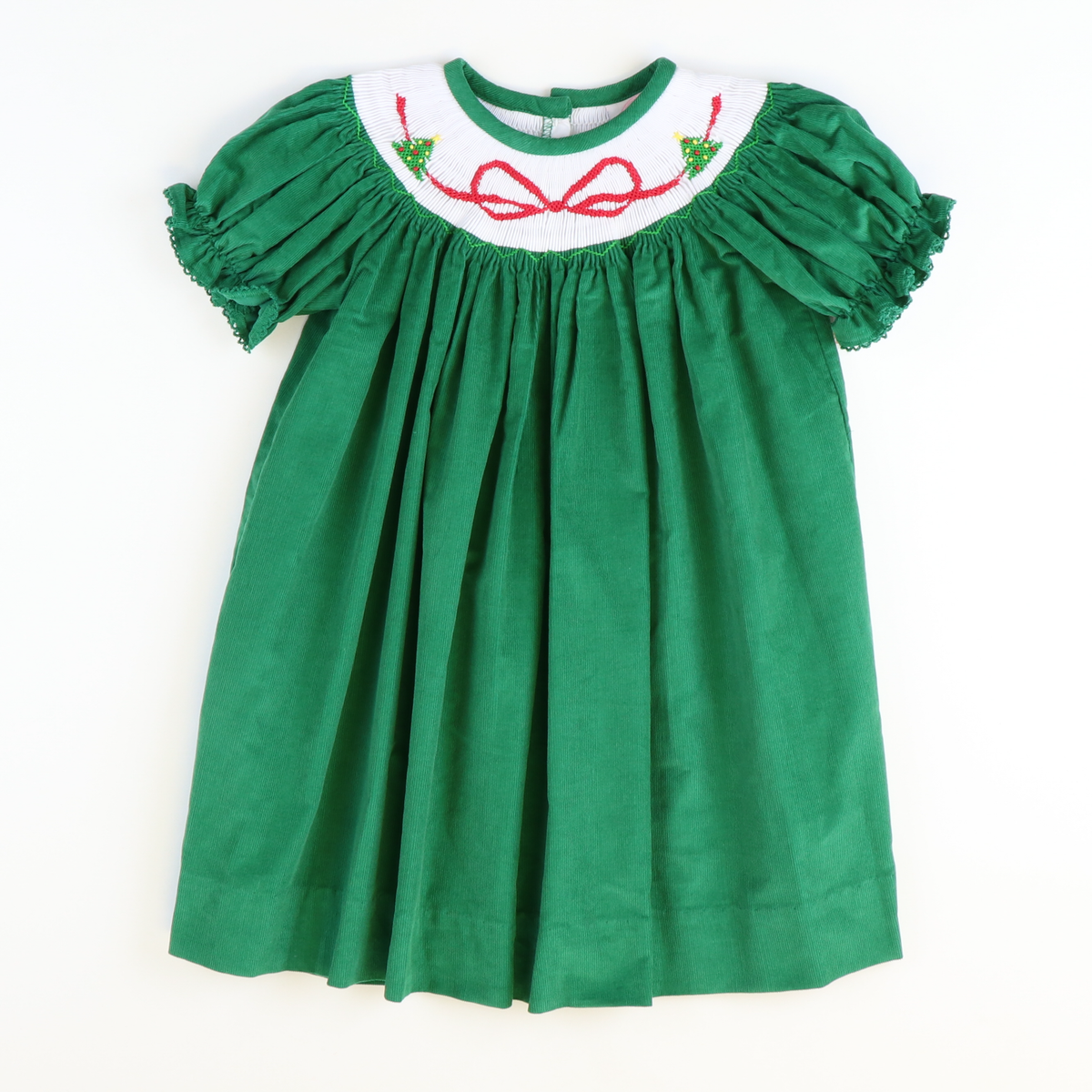 Smocked Christmas Trees & Bow Bishop - Christmas Green Corduroy