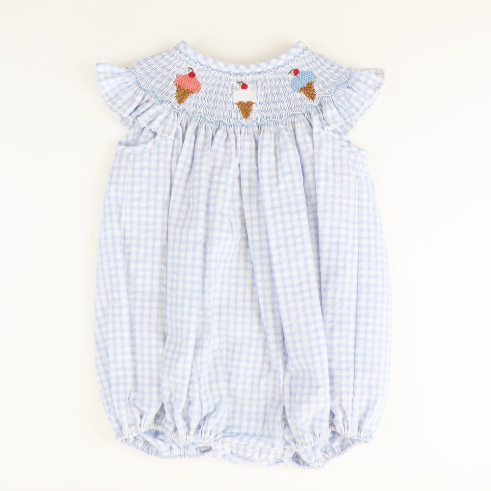 Smocked Americana Ice Cream Girl Bubble - Cloud Check Seersucker