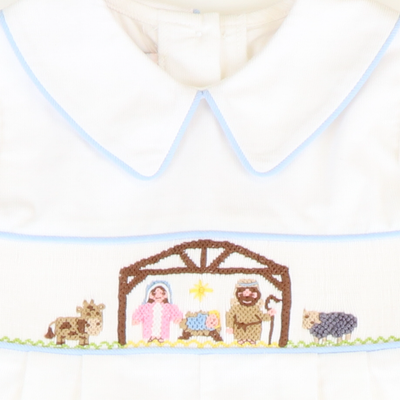 Smocked Silent Night Collared Boy Long Bubble - White Corduroy - Stellybelly
