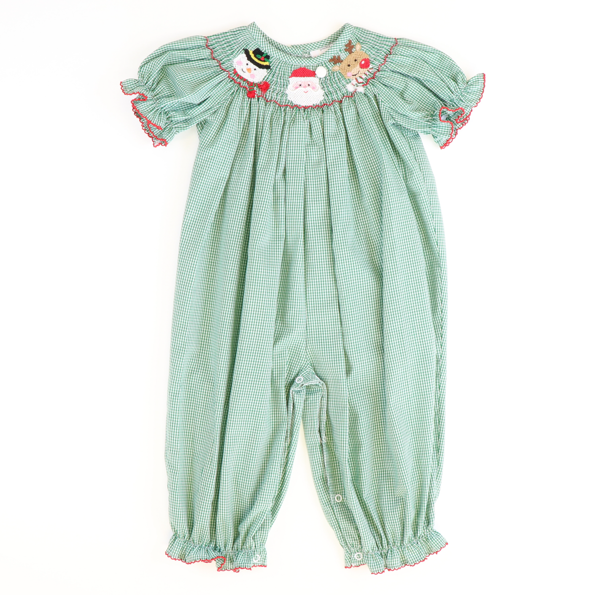 Smocked Christmas Friends Long Bubble - Christmas Green Micro-Gingham - Stellybelly