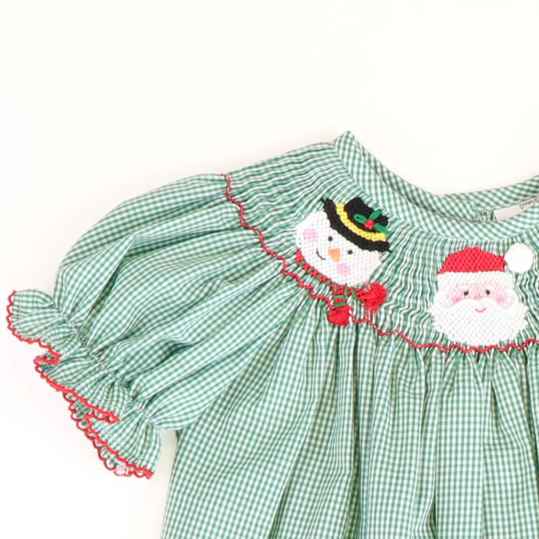 Smocked Christmas Friends Long Bubble - Christmas Green Micro-Gingham - Stellybelly