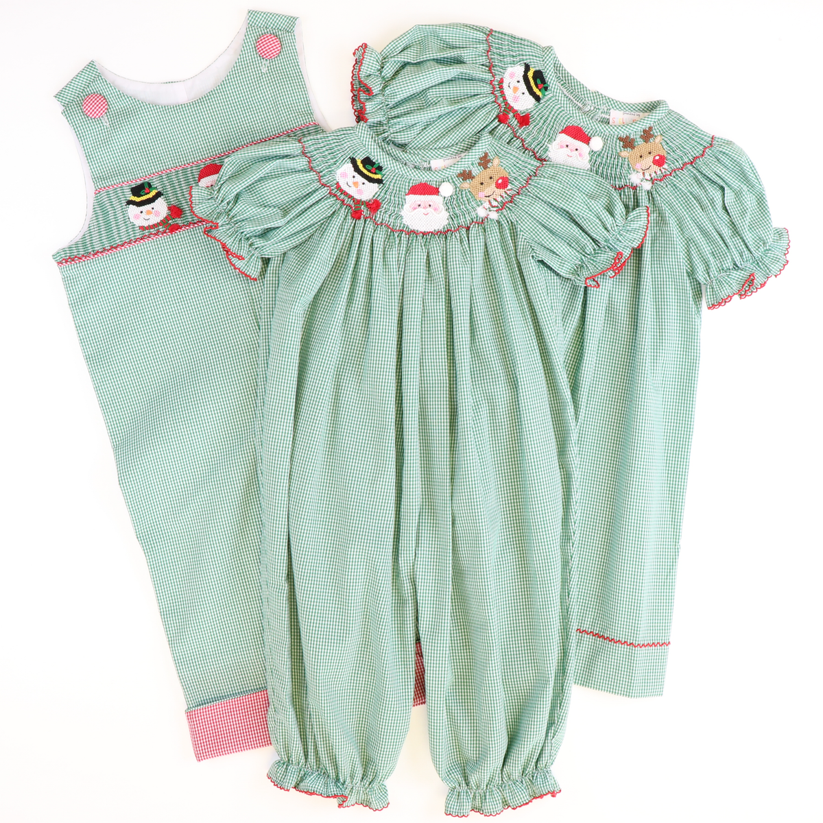 Smocked Christmas Friends Long Bubble - Christmas Green Micro-Gingham - Stellybelly