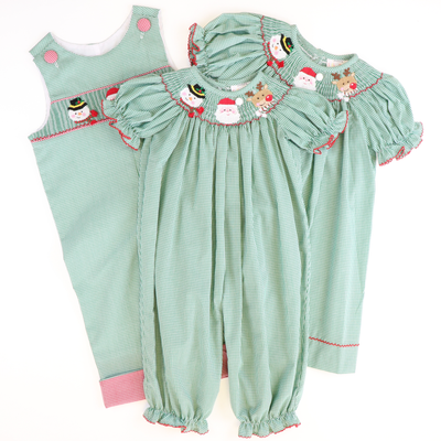 Smocked Christmas Friends Long Bubble - Christmas Green Micro-Gingham - Stellybelly