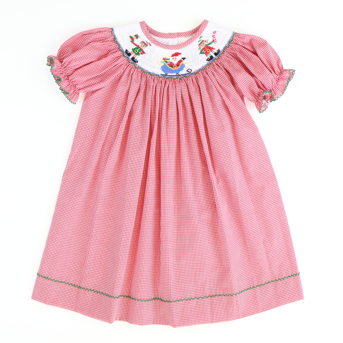 Smocked Santa & Elves Bishop - Red Mini-Gingham