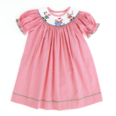 Smocked Santa & Elves Bishop - Red Mini-Gingham