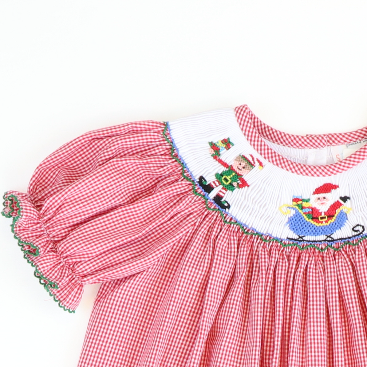 Smocked Santa & Elves Bishop - Red Mini-Gingham