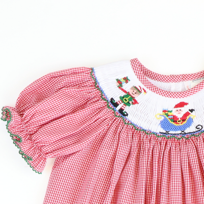 Smocked Santa & Elves Bishop - Red Mini-Gingham