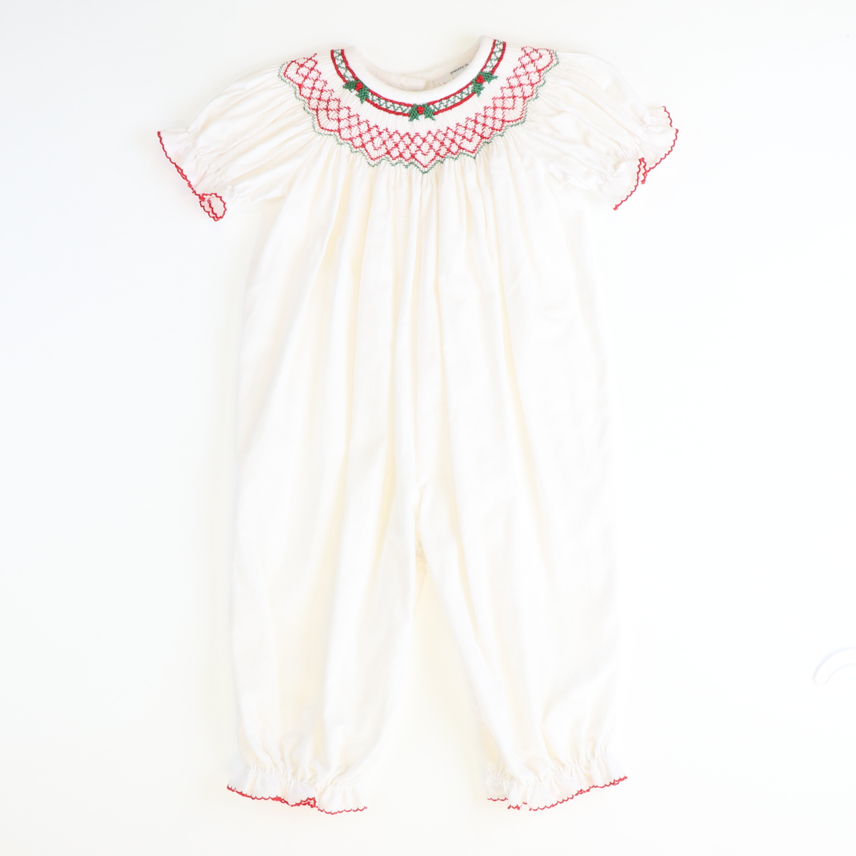 Smocked Christmas Holly Geo Girl Long Bubble - White Corduroy