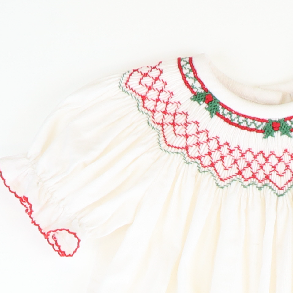 Smocked Christmas Holly Geo Girl Long Bubble - White Corduroy